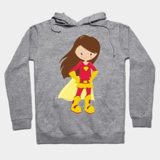 Superhero Girl, Cute Girl, Brown Hair, Red Costume Hoodie